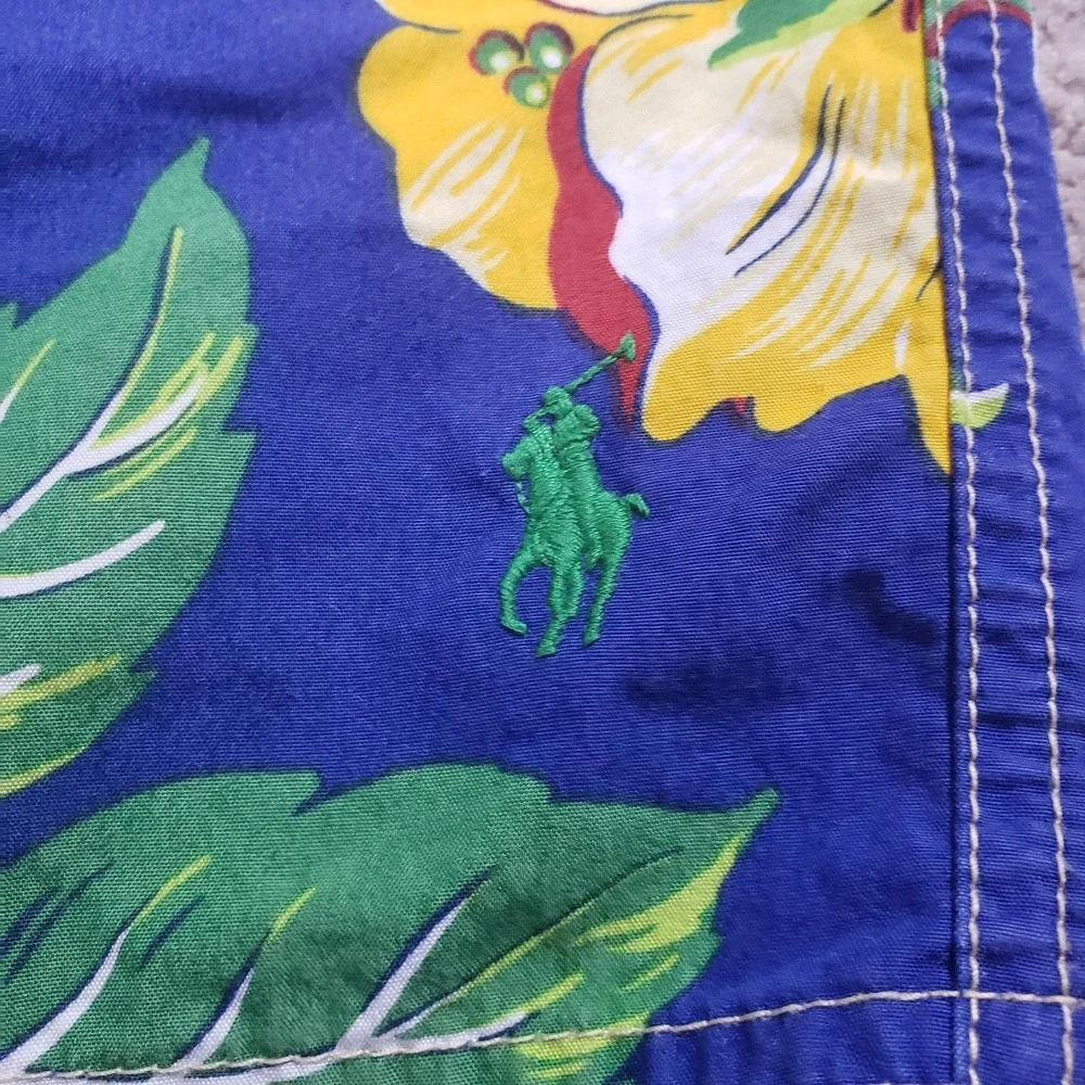 Polo Ralph Lauren Swim Trunks Men 38 Navy Floral AOP Beach Rope Drawstring